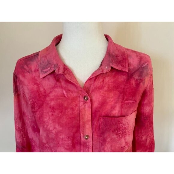 PILCRO Pink Watercolor Tie Dye Floral Embroidered Button Down Shirt Size Small - Picture 3 of 9